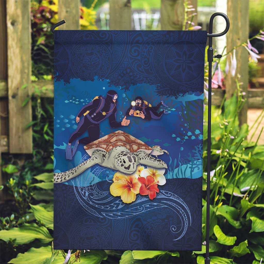 Polynesian Scuba Diving Garden Flag Honu with Hibiscus and Plumeria Flower and Tapa Tribal Pattern LT03 Garden Flag Blue - Polynesian Pride