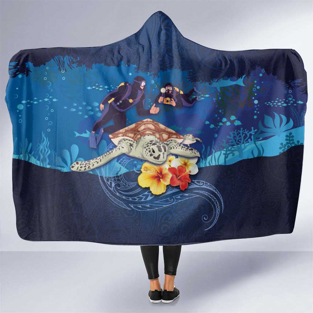 Polynesian Scuba Diving Hooded Blanket Honu with Hibiscus and Plumeria Flower and Tapa Tribal Pattern LT03 One Size Blue - Polynesian Pride