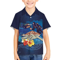 Polynesian Scuba Diving Kid Hawaiian Shirt Honu with Hibiscus and Plumeria Flower and Tapa Tribal Pattern