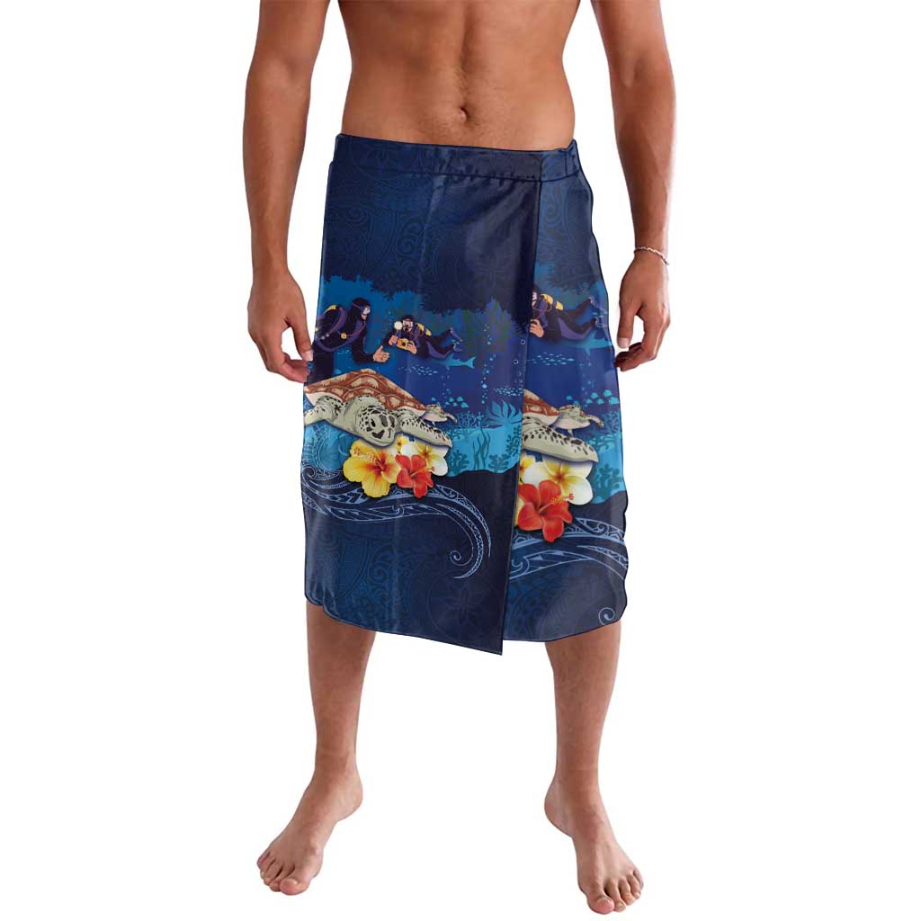 Polynesian Scuba Diving Lavalava Honu with Hibiscus and Plumeria Flower and Tapa Tribal Pattern LT03 Blue - Polynesian Pride