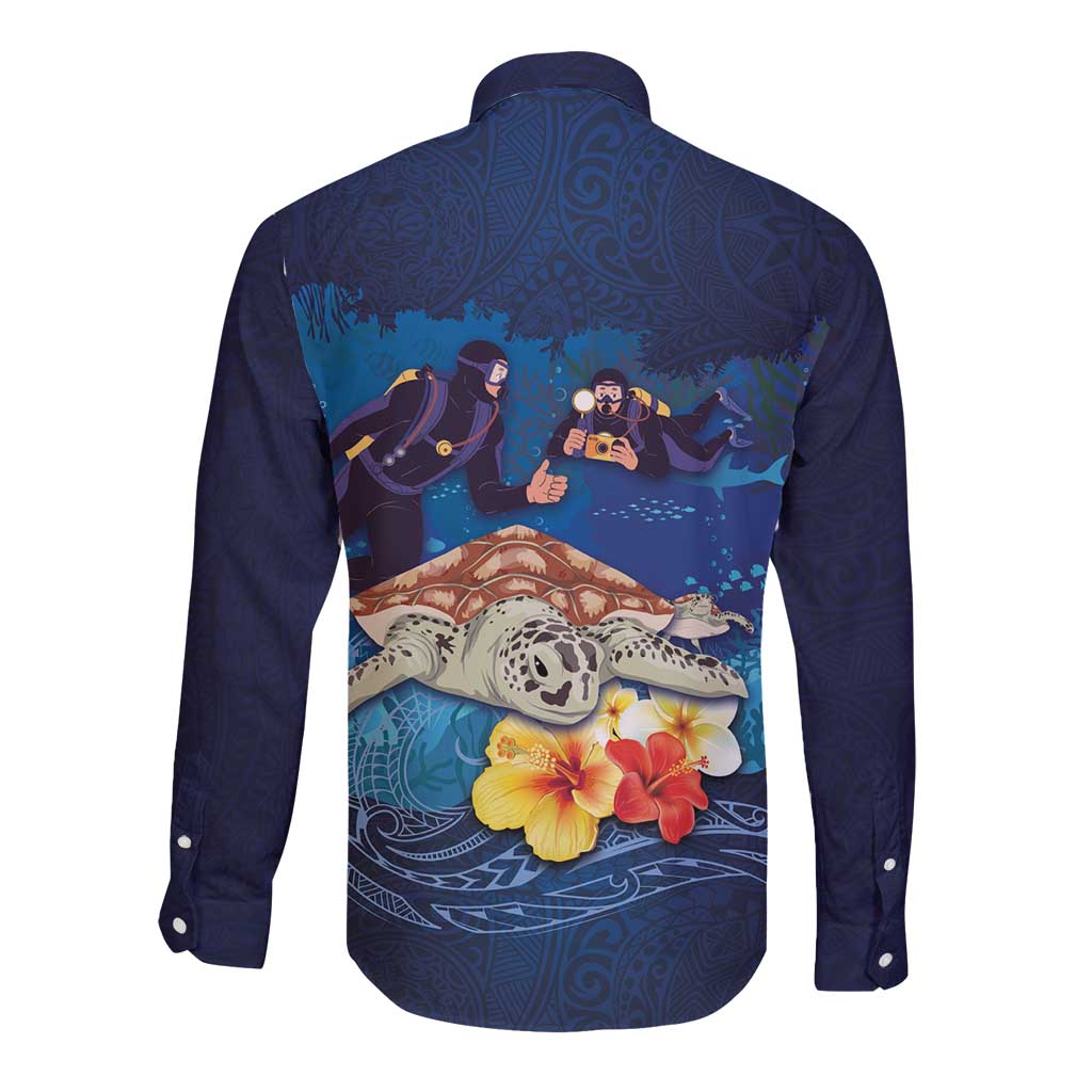 Polynesian Scuba Diving Long Sleeve Button Shirt Honu with Hibiscus and Plumeria Flower and Tapa Tribal Pattern