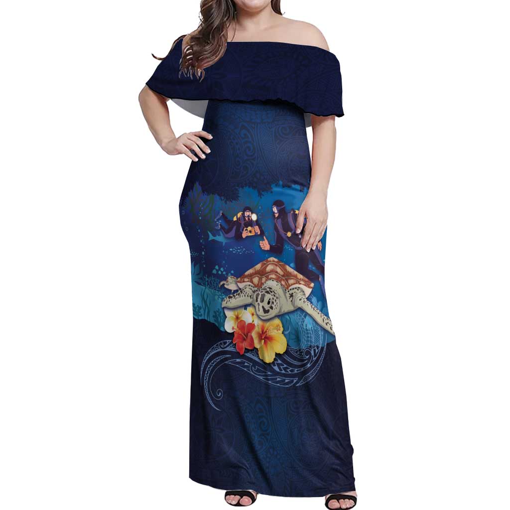 Polynesian Scuba Diving Off Shoulder Maxi Dress Honu with Hibiscus and Plumeria Flower and Tapa Tribal Pattern LT03 Women Blue - Polynesian Pride