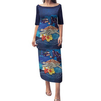 Polynesian Scuba Diving Puletasi Honu with Hibiscus and Plumeria Flower and Tapa Tribal Pattern LT03 Long Dress Blue - Polynesian Pride