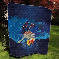 Polynesian Scuba Diving Quilt Honu with Hibiscus and Plumeria Flower and Tapa Tribal Pattern