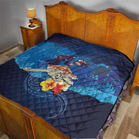 Polynesian Scuba Diving Quilt Honu with Hibiscus and Plumeria Flower and Tapa Tribal Pattern