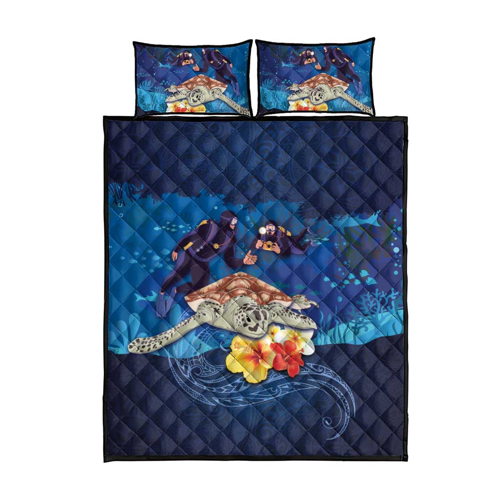 Polynesian Scuba Diving Quilt Bed Set Honu with Hibiscus and Plumeria Flower and Tapa Tribal Pattern LT03 - Polynesian Pride