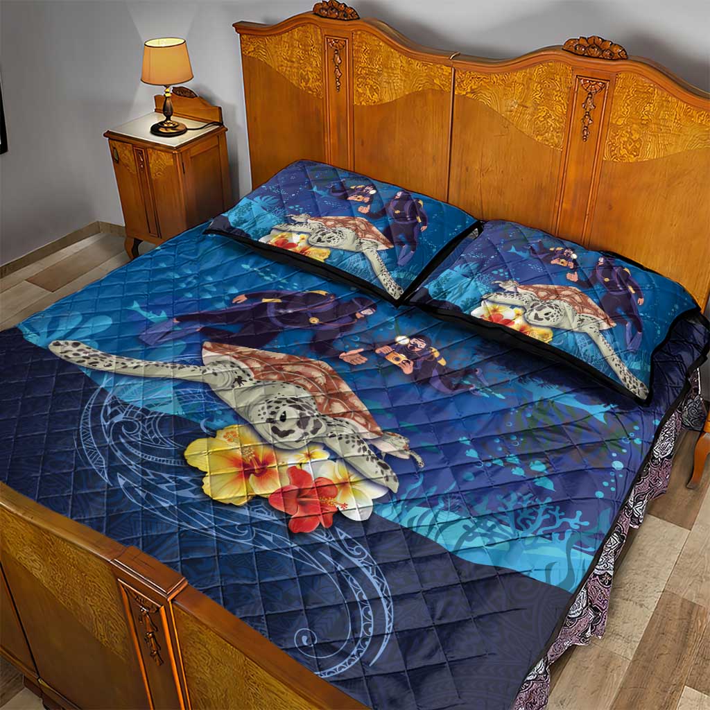 Polynesian Scuba Diving Quilt Bed Set Honu with Hibiscus and Plumeria Flower and Tapa Tribal Pattern LT03 - Polynesian Pride