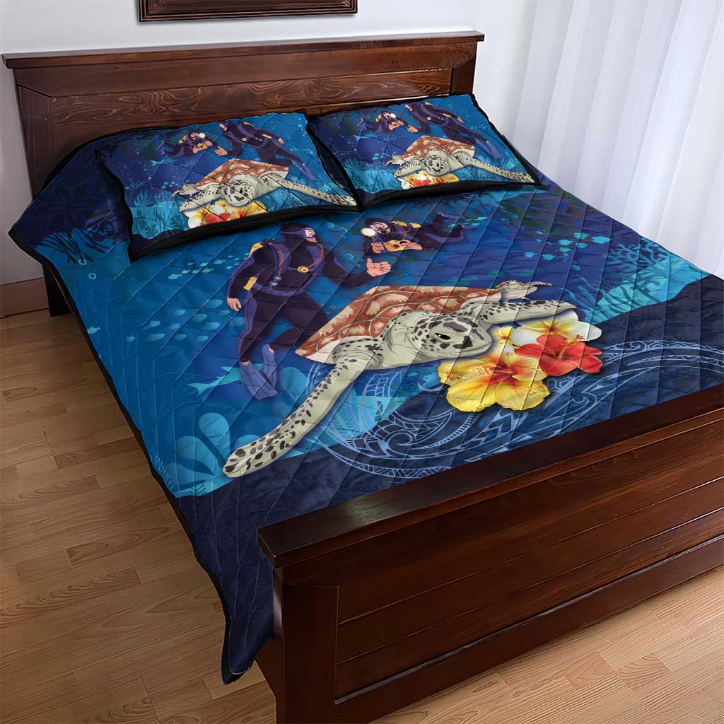 Polynesian Scuba Diving Quilt Bed Set Honu with Hibiscus and Plumeria Flower and Tapa Tribal Pattern LT03 - Polynesian Pride