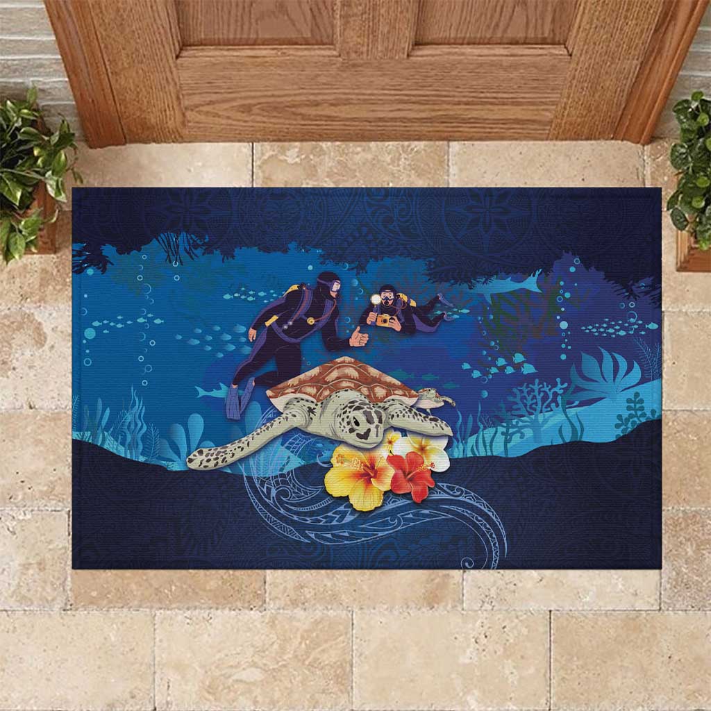 Polynesian Scuba Diving Rubber Doormat Honu with Hibiscus and Plumeria Flower and Tapa Tribal Pattern LT03 Blue - Polynesian Pride