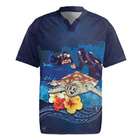 Polynesian Scuba Diving Rugby Jersey Honu with Hibiscus and Plumeria Flower and Tapa Tribal Pattern