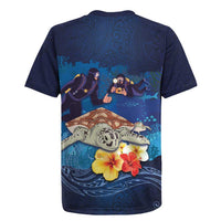 Polynesian Scuba Diving Rugby Jersey Honu with Hibiscus and Plumeria Flower and Tapa Tribal Pattern