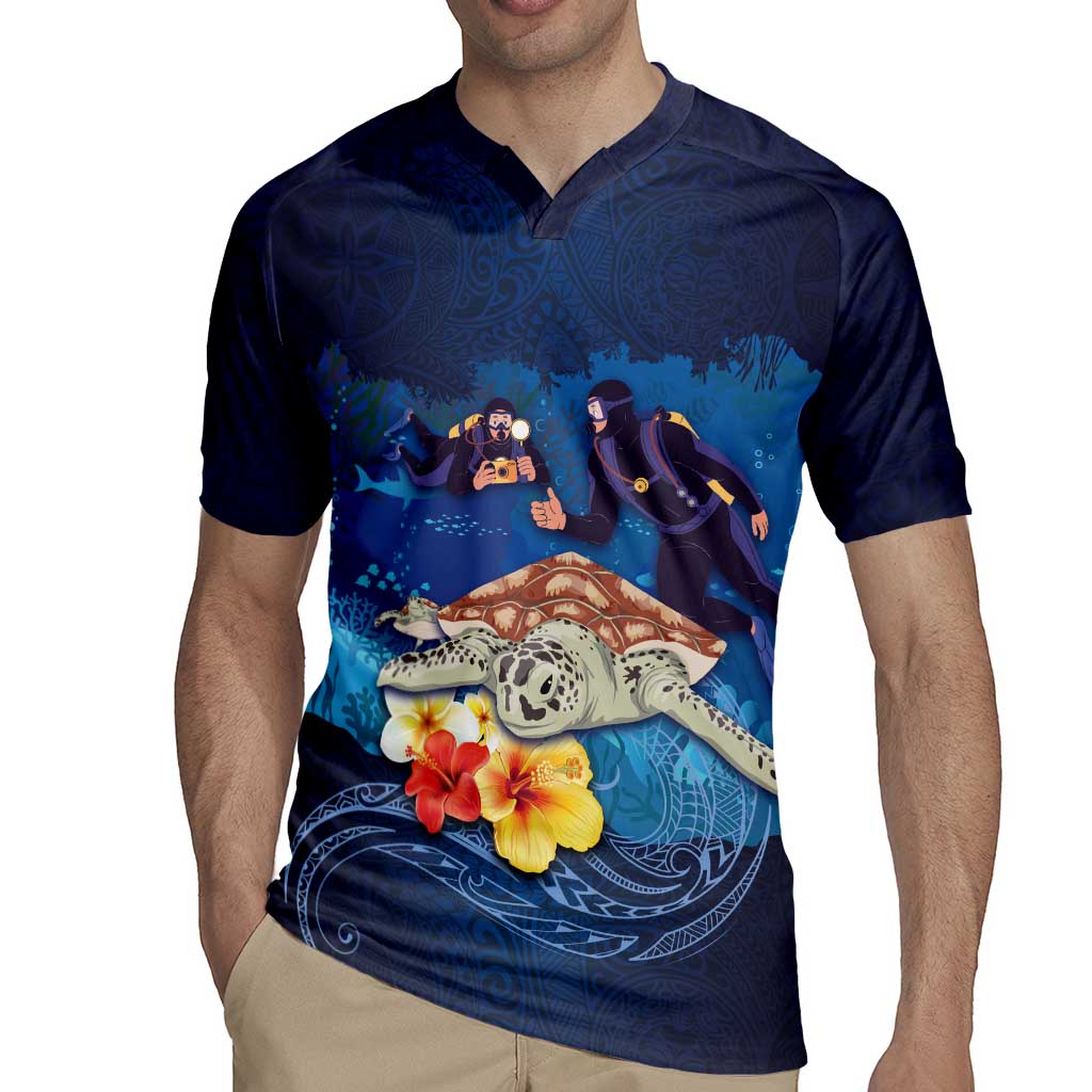 Polynesian Scuba Diving Rugby Jersey Honu with Hibiscus and Plumeria Flower and Tapa Tribal Pattern
