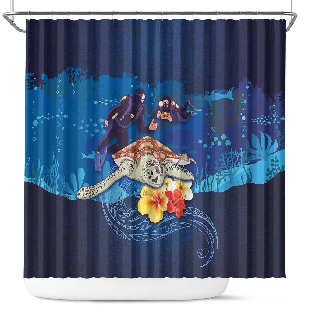 Polynesian Scuba Diving Shower Curtain Honu with Hibiscus and Plumeria Flower and Tapa Tribal Pattern