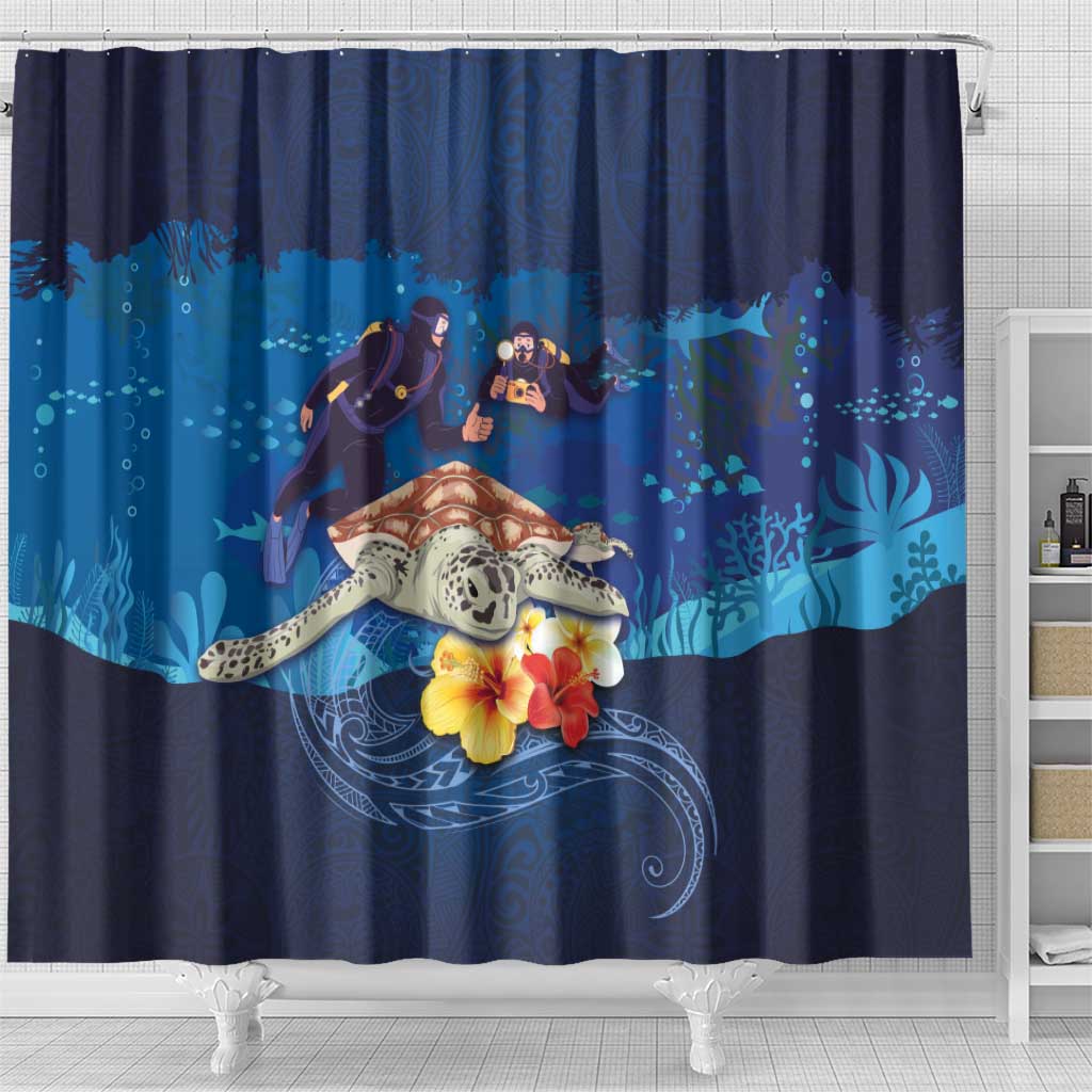 Polynesian Scuba Diving Shower Curtain Honu with Hibiscus and Plumeria Flower and Tapa Tribal Pattern