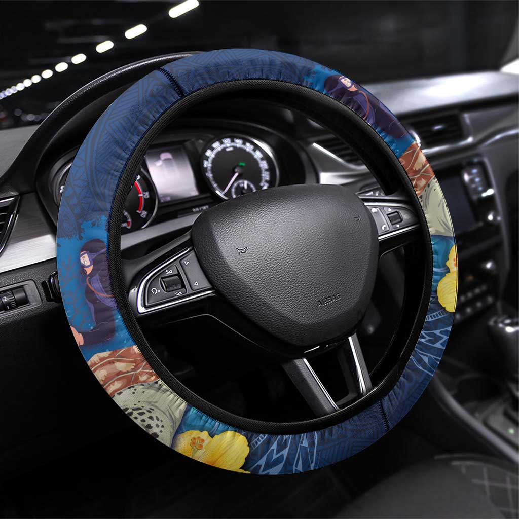 Polynesian Scuba Diving Steering Wheel Cover Honu with Hibiscus and Plumeria Flower and Tapa Tribal Pattern