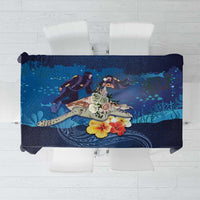 Polynesian Scuba Diving Tablecloth Honu with Hibiscus and Plumeria Flower and Tapa Tribal Pattern LT03 Blue - Polynesian Pride