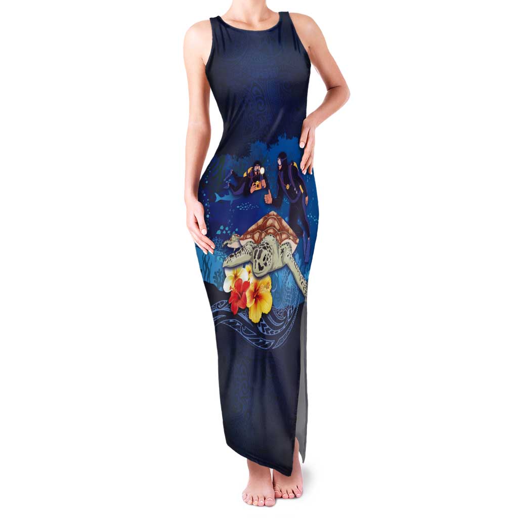 Polynesian Scuba Diving Tank Maxi Dress Honu with Hibiscus and Plumeria Flower and Tapa Tribal Pattern LT03 Women Blue - Polynesian Pride