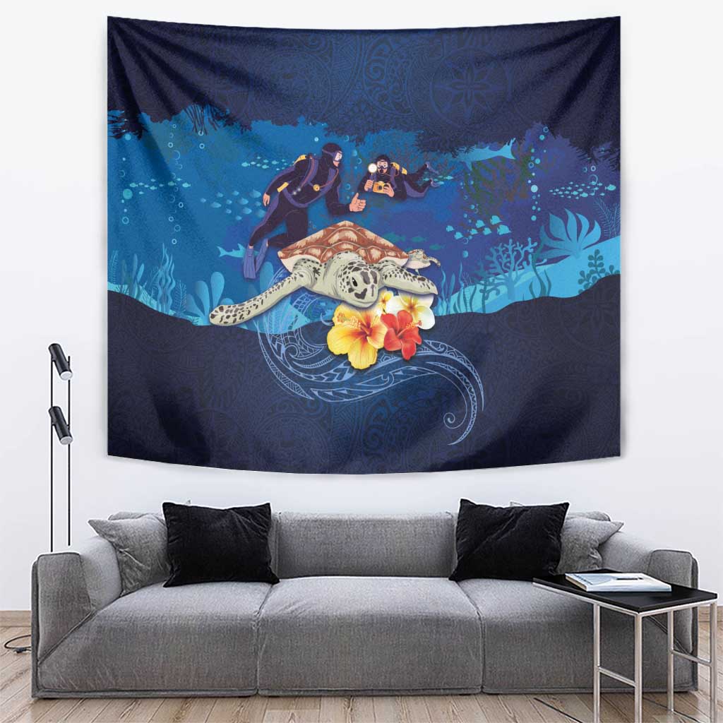 Polynesian Scuba Diving Tapestry Honu with Hibiscus and Plumeria Flower and Tapa Tribal Pattern