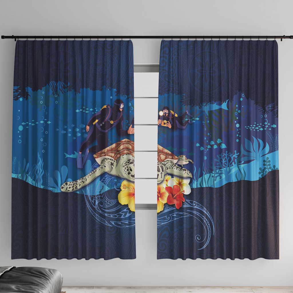 Polynesian Scuba Diving Window Curtain Honu with Hibiscus and Plumeria Flower and Tapa Tribal Pattern