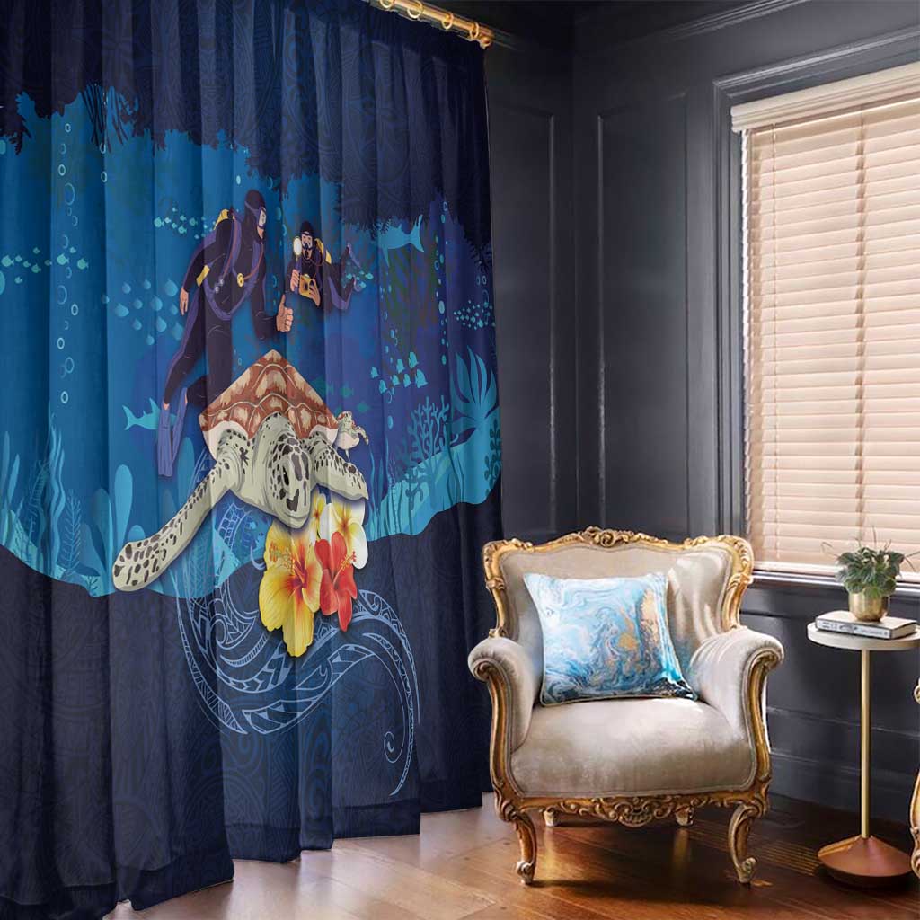 Polynesian Scuba Diving Window Curtain Honu with Hibiscus and Plumeria Flower and Tapa Tribal Pattern LT03 - Polynesian Pride