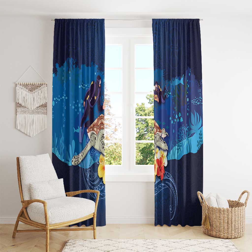 Polynesian Scuba Diving Window Curtain Honu with Hibiscus and Plumeria Flower and Tapa Tribal Pattern LT03 - Polynesian Pride