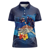 Polynesian Scuba Diving Women Polo Shirt Honu with Hibiscus and Plumeria Flower and Tapa Tribal Pattern