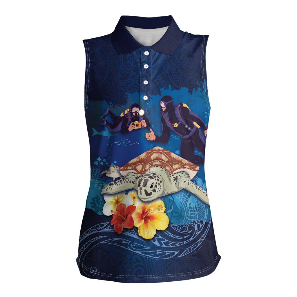 Polynesian Scuba Diving Women Sleeveless Polo Shirt Honu with Hibiscus and Plumeria Flower and Tapa Tribal Pattern LT03 Female Blue - Polynesian Pride