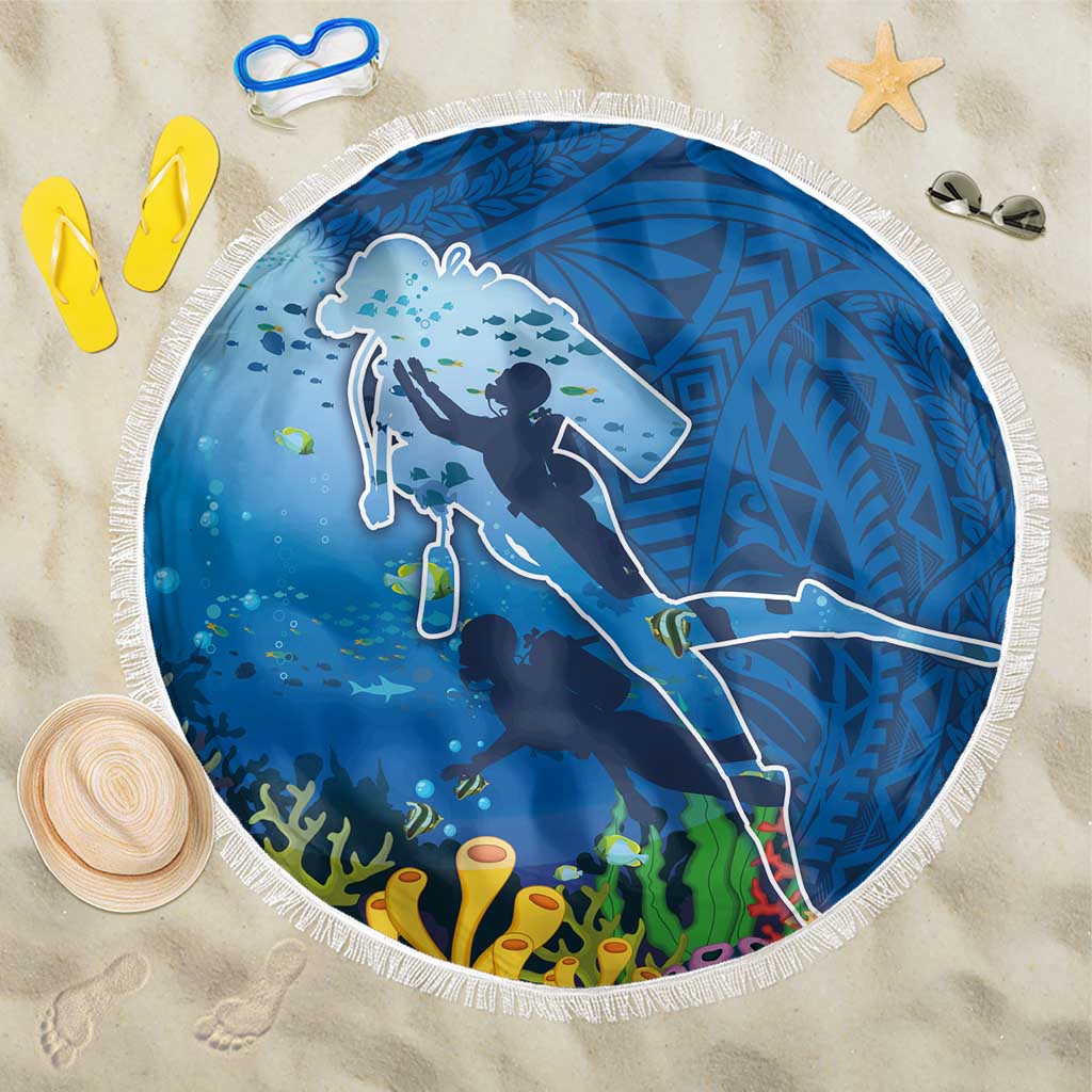 Polynesian Scuba Diving Beach Blanket Beauty Corals with Underwater and Polynesian Pattern LT03 One Size 150cm Blue - Polynesian Pride
