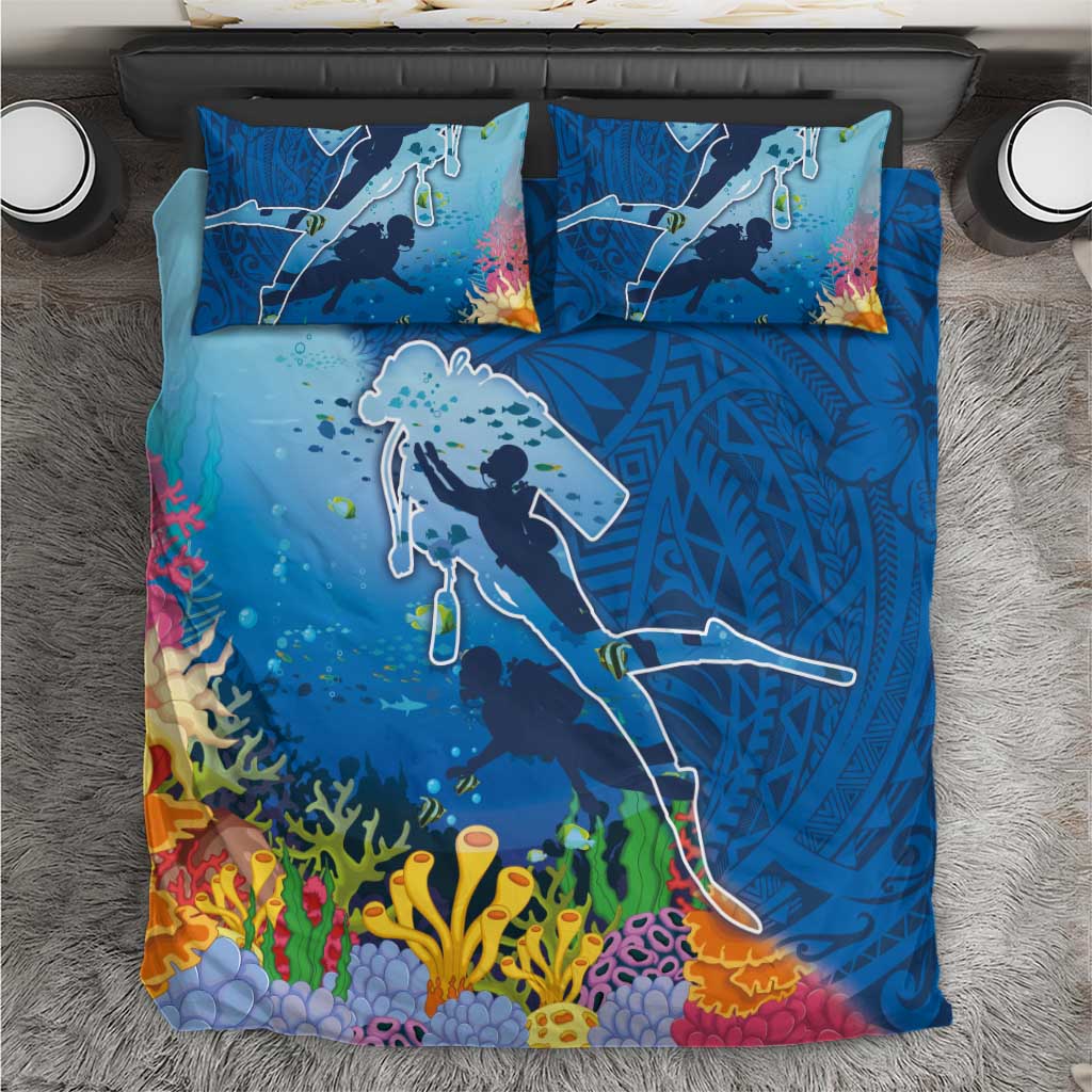 Polynesian Scuba Diving Bedding Set Beauty Corals with Underwater and Polynesian Pattern