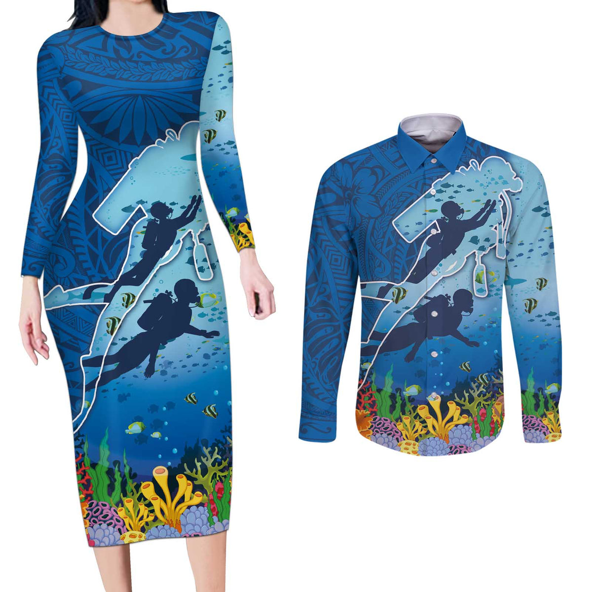 Polynesian Scuba Diving Couples Matching Long Sleeve Bodycon Dress and Long Sleeve Button Shirt Beauty Corals with Underwater and Polynesian Pattern LT03 Blue - Polynesian Pride