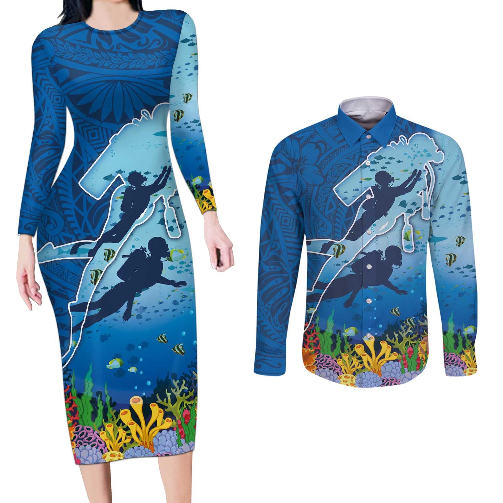 Polynesian Scuba Diving Couples Matching Long Sleeve Bodycon Dress and Long Sleeve Button Shirt Beauty Corals with Underwater and Polynesian Pattern LT03 Blue - Polynesian Pride