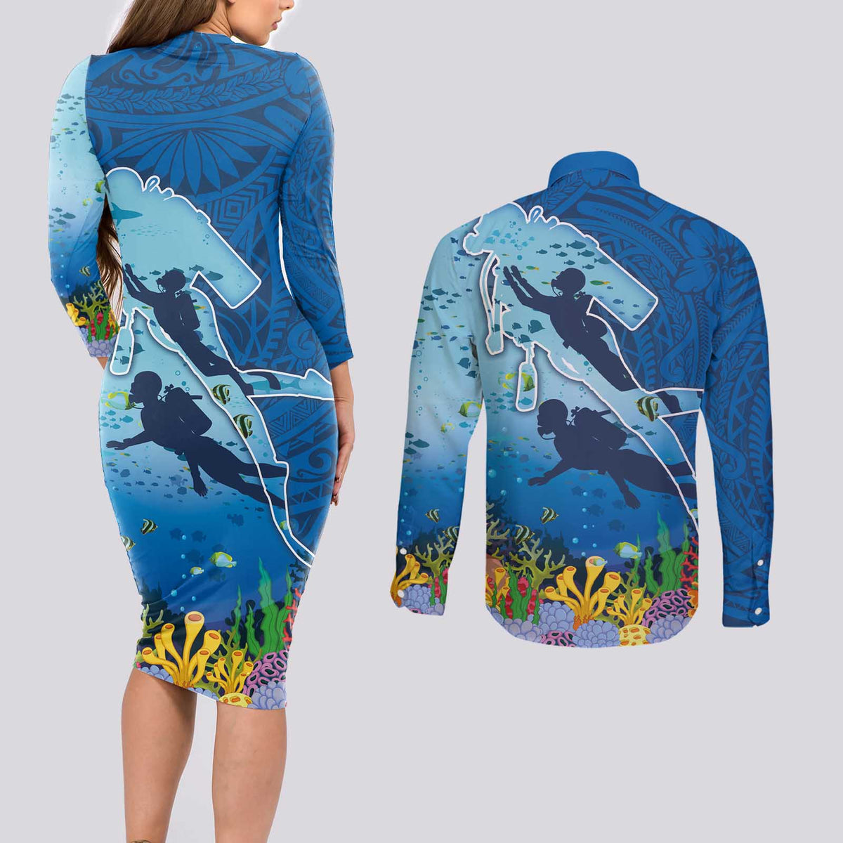 Polynesian Scuba Diving Couples Matching Long Sleeve Bodycon Dress and Long Sleeve Button Shirt Beauty Corals with Underwater and Polynesian Pattern LT03 - Polynesian Pride
