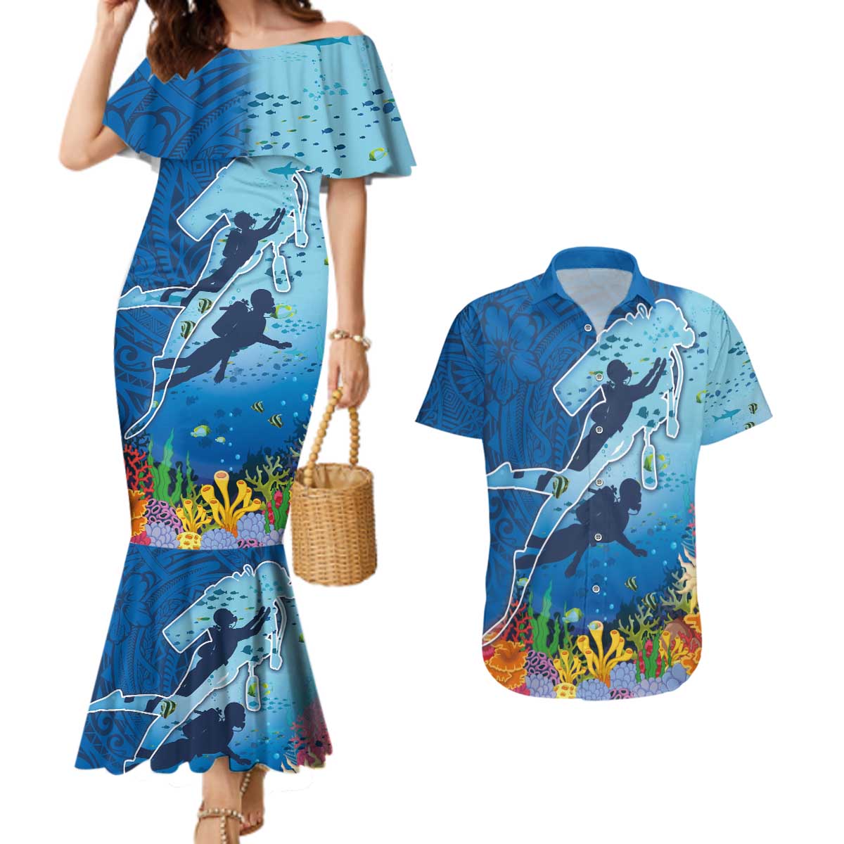 Polynesian Scuba Diving Couples Matching Mermaid Dress and Hawaiian Shirt Beauty Corals with Underwater and Polynesian Pattern