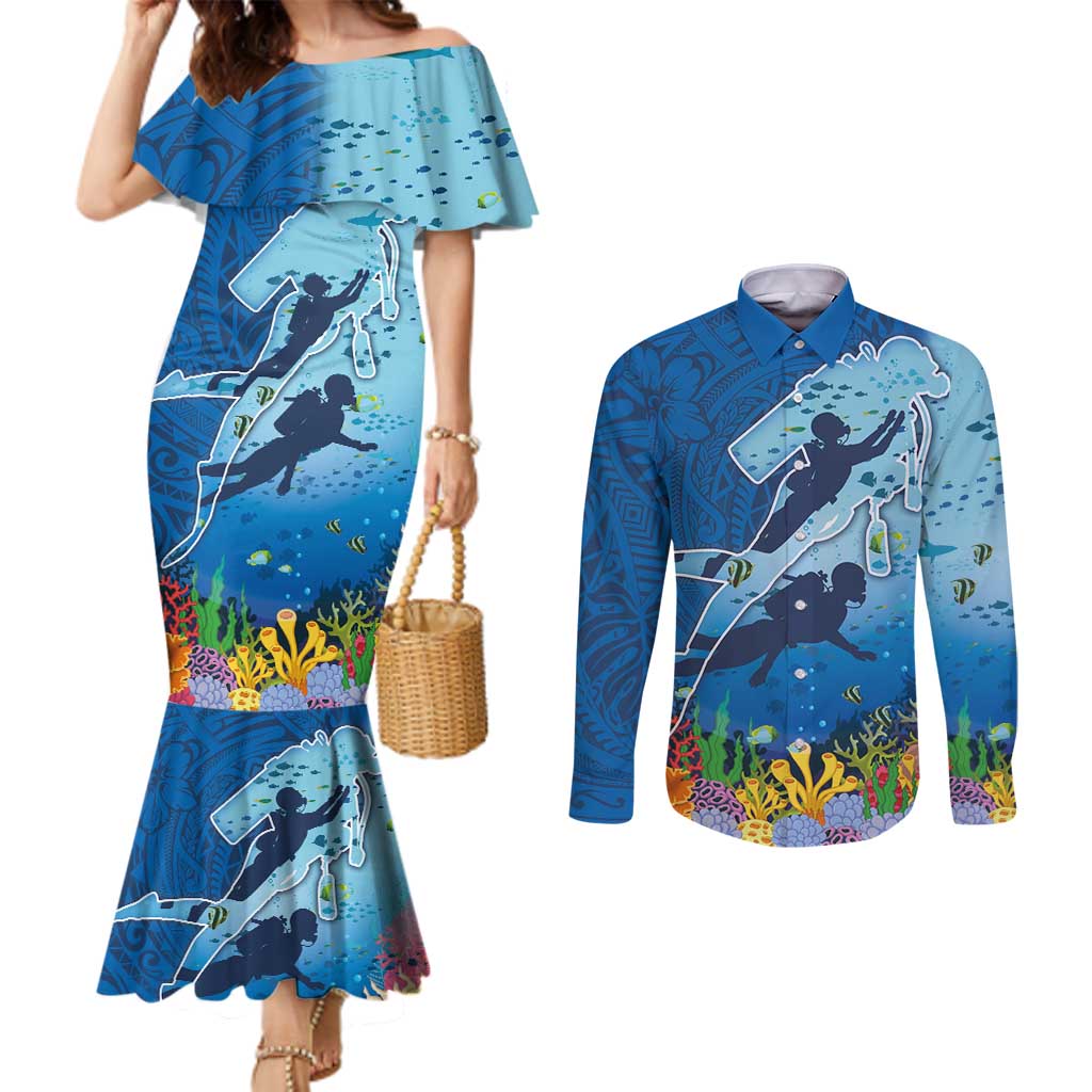 Polynesian Scuba Diving Couples Matching Mermaid Dress and Long Sleeve Button Shirt Beauty Corals with Underwater and Polynesian Pattern LT03 Blue - Polynesian Pride