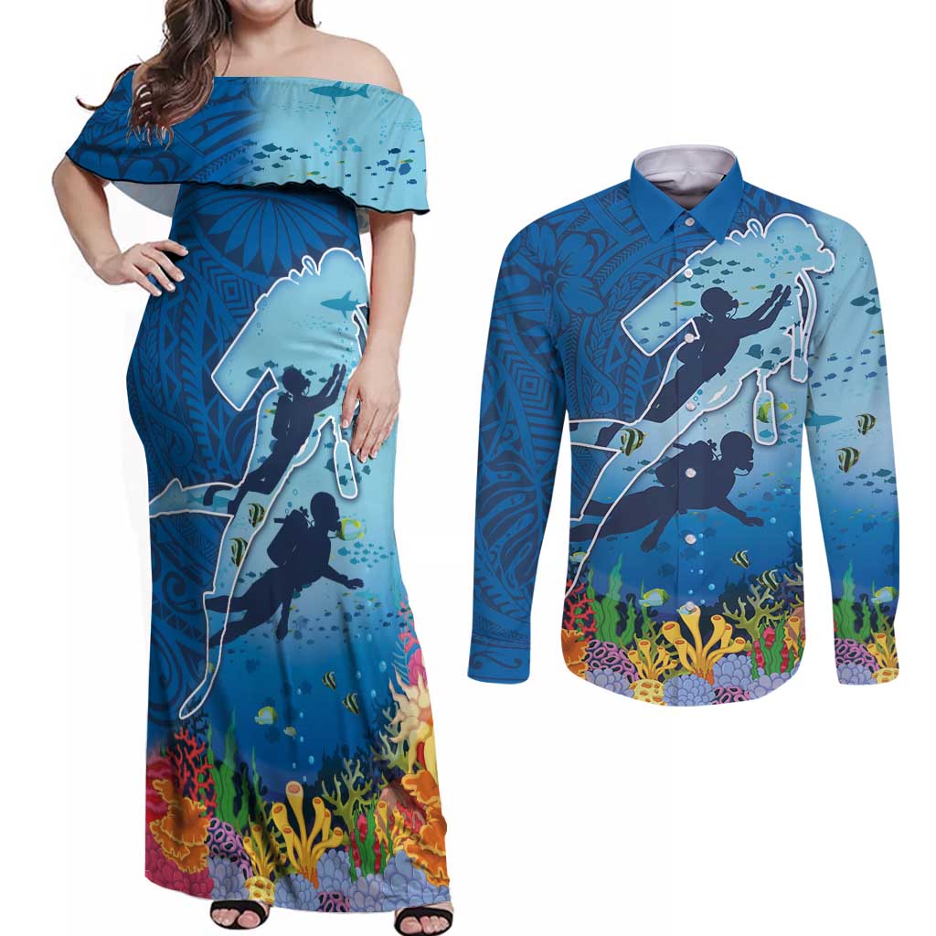 Polynesian Scuba Diving Couples Matching Off Shoulder Maxi Dress and Long Sleeve Button Shirt Beauty Corals with Underwater and Polynesian Pattern LT03 Blue - Polynesian Pride