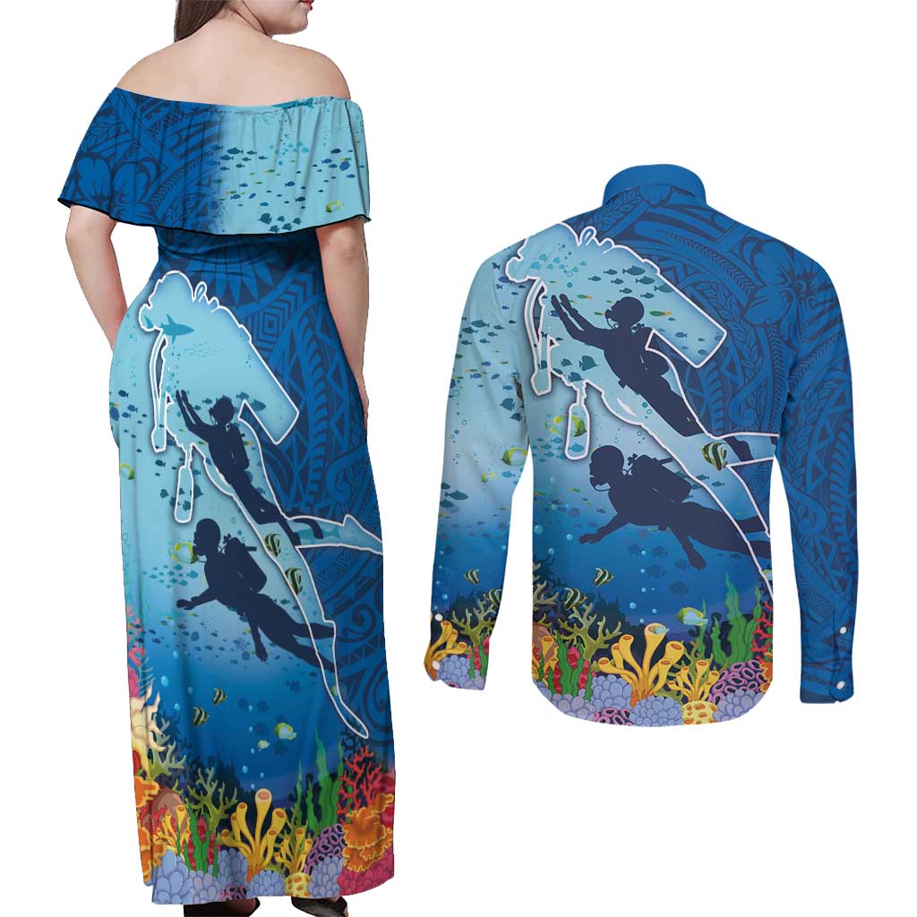 Polynesian Scuba Diving Couples Matching Off Shoulder Maxi Dress and Long Sleeve Button Shirt Beauty Corals with Underwater and Polynesian Pattern LT03 - Polynesian Pride