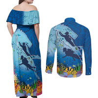 Polynesian Scuba Diving Couples Matching Off Shoulder Maxi Dress and Long Sleeve Button Shirt Beauty Corals with Underwater and Polynesian Pattern LT03 - Polynesian Pride