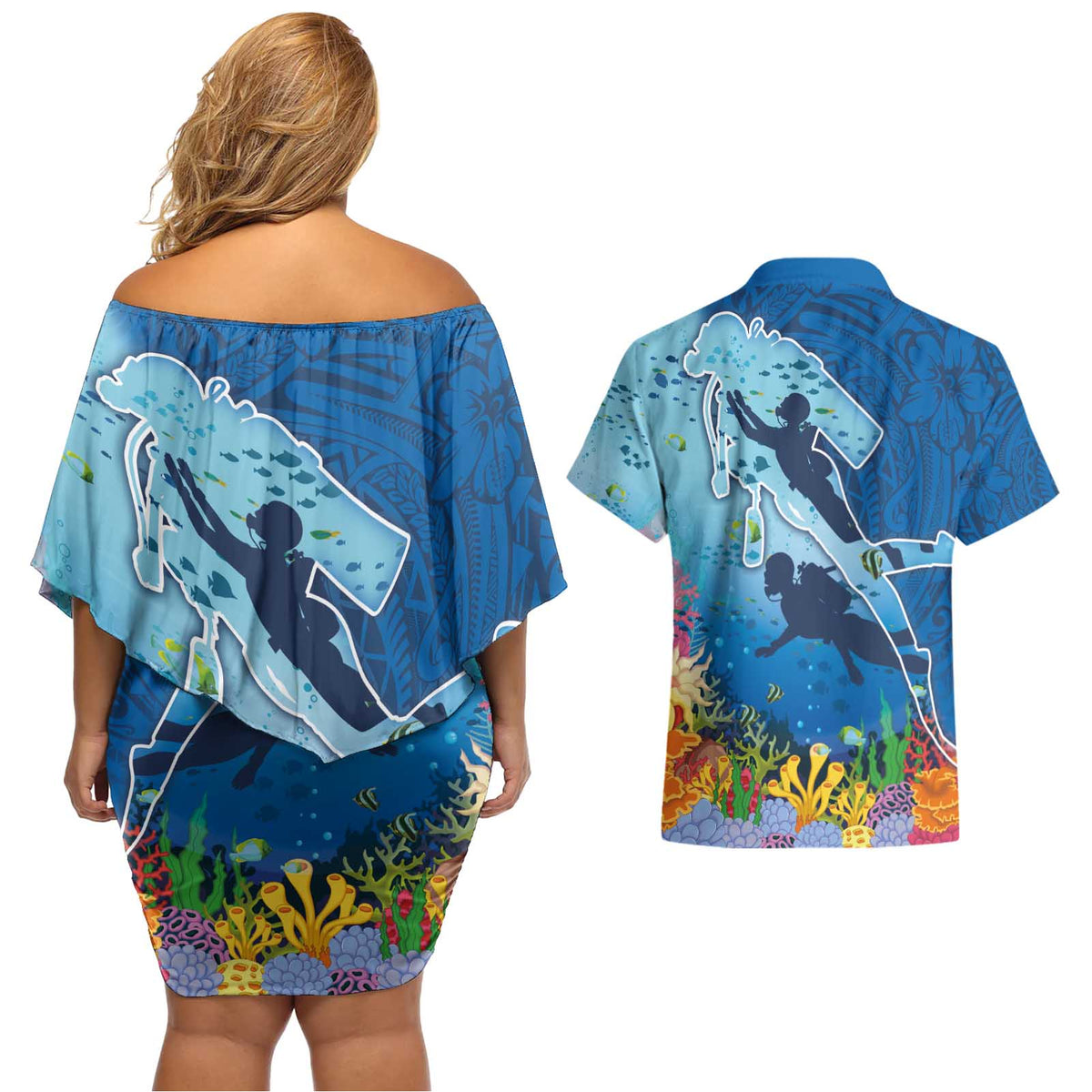 Polynesian Scuba Diving Couples Matching Off Shoulder Short Dress and Hawaiian Shirt Beauty Corals with Underwater and Polynesian Pattern LT03 - Polynesian Pride