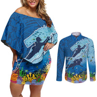 Polynesian Scuba Diving Couples Matching Off Shoulder Short Dress and Long Sleeve Button Shirt Beauty Corals with Underwater and Polynesian Pattern LT03 Blue - Polynesian Pride