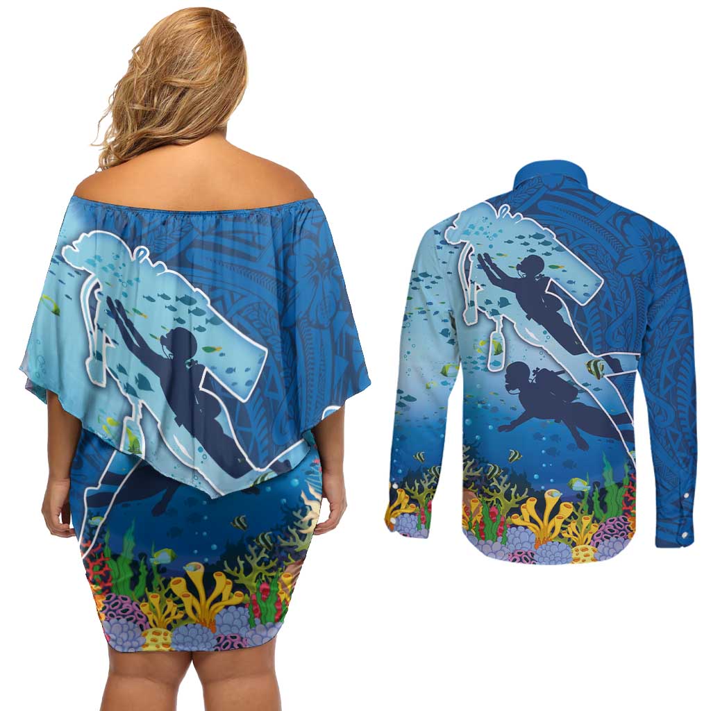 Polynesian Scuba Diving Couples Matching Off Shoulder Short Dress and Long Sleeve Button Shirt Beauty Corals with Underwater and Polynesian Pattern LT03 - Polynesian Pride