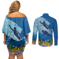 Polynesian Scuba Diving Couples Matching Off Shoulder Short Dress and Long Sleeve Button Shirt Beauty Corals with Underwater and Polynesian Pattern LT03 - Polynesian Pride