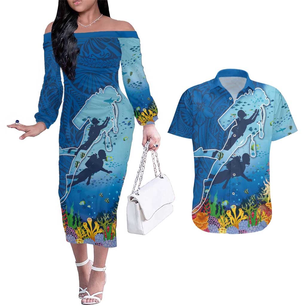 Polynesian Scuba Diving Couples Matching Off The Shoulder Long Sleeve Dress and Hawaiian Shirt Beauty Corals with Underwater and Polynesian Pattern LT03 Blue - Polynesian Pride
