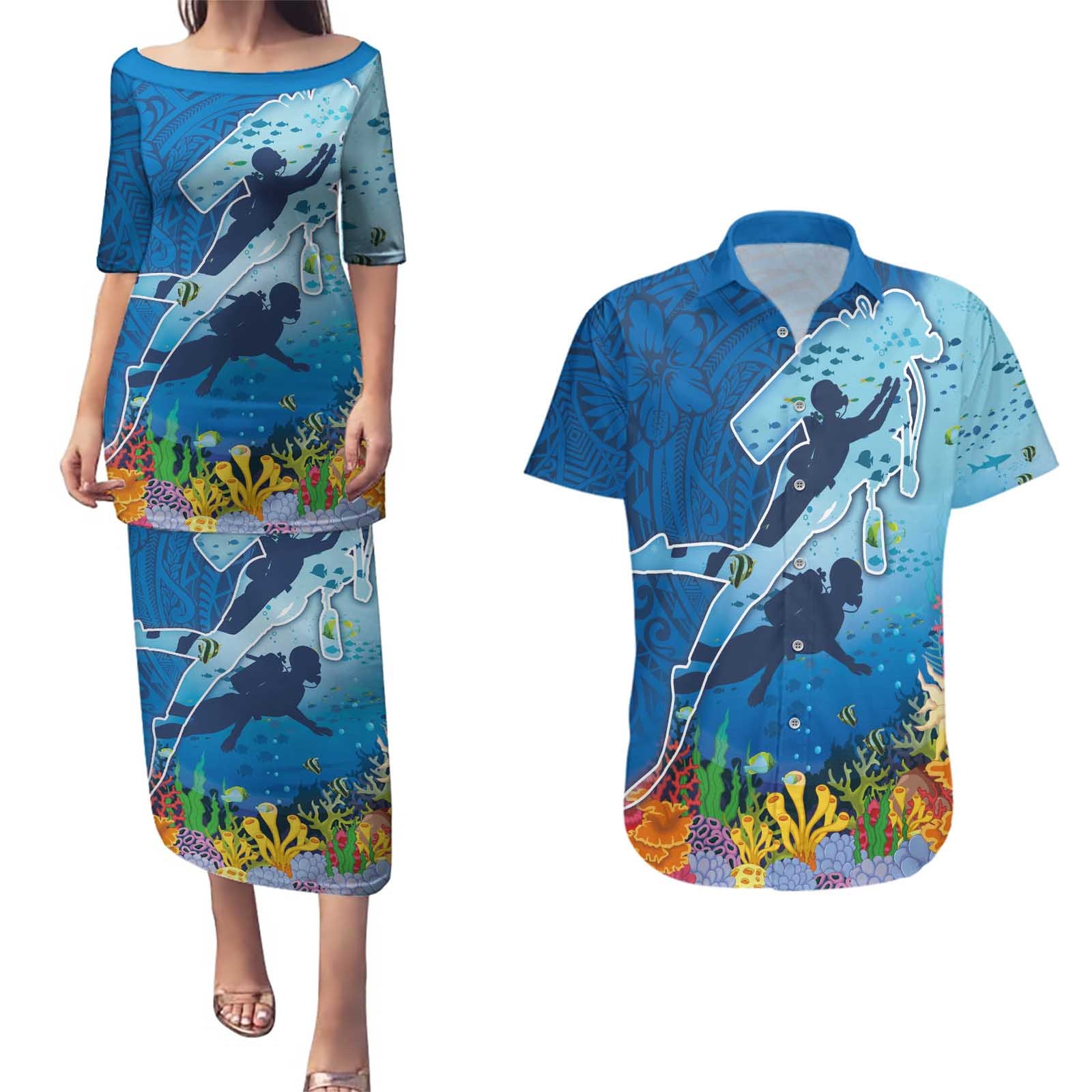 Polynesian Scuba Diving Couples Matching Puletasi and Hawaiian Shirt Beauty Corals with Underwater and Polynesian Pattern LT03 Blue - Polynesian Pride
