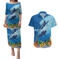 Polynesian Scuba Diving Couples Matching Puletasi and Hawaiian Shirt Beauty Corals with Underwater and Polynesian Pattern LT03 Blue - Polynesian Pride