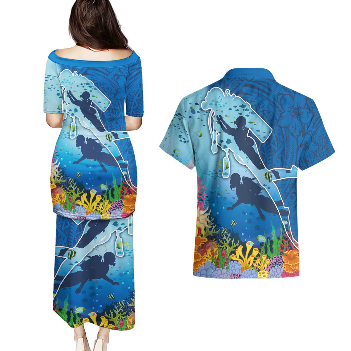 Polynesian Scuba Diving Couples Matching Puletasi and Hawaiian Shirt Beauty Corals with Underwater and Polynesian Pattern LT03 - Polynesian Pride