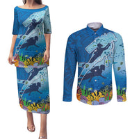Polynesian Scuba Diving Couples Matching Puletasi and Long Sleeve Button Shirt Beauty Corals with Underwater and Polynesian Pattern LT03 Blue - Polynesian Pride