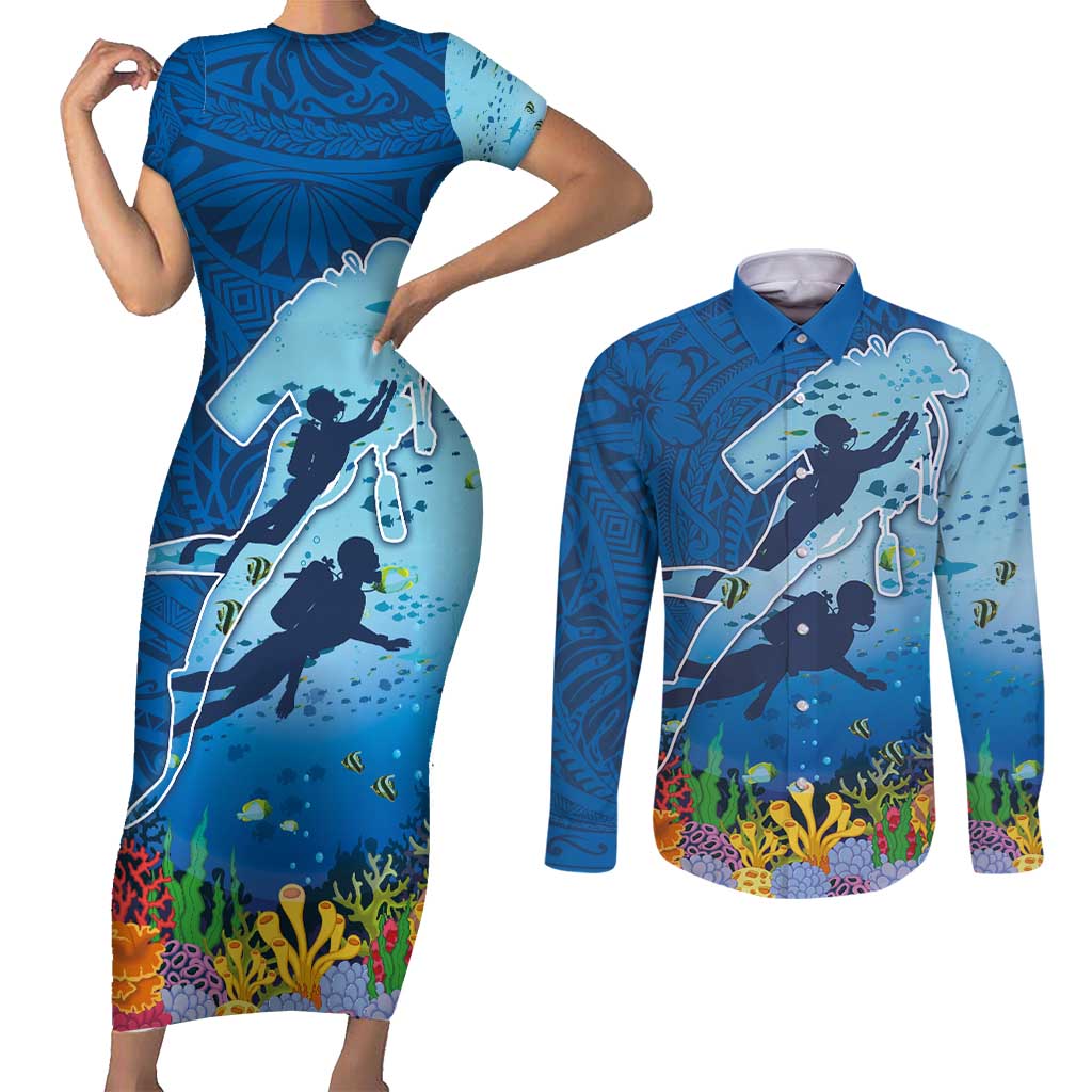 Polynesian Scuba Diving Couples Matching Short Sleeve Bodycon Dress and Long Sleeve Button Shirt Beauty Corals with Underwater and Polynesian Pattern LT03 Blue - Polynesian Pride