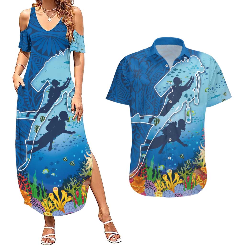 Polynesian Scuba Diving Couples Matching Summer Maxi Dress and Hawaiian Shirt Beauty Corals with Underwater and Polynesian Pattern LT03 Blue - Polynesian Pride