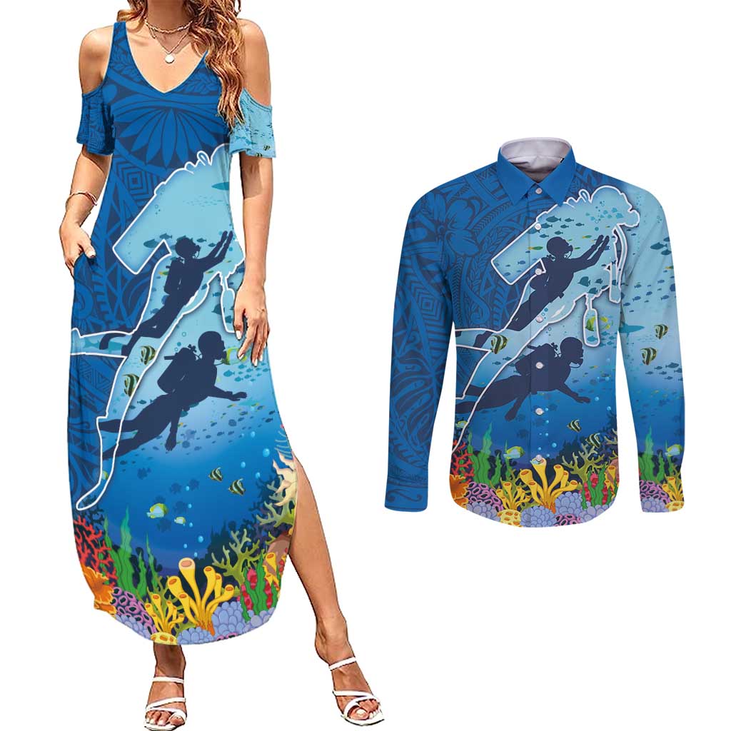 Polynesian Scuba Diving Couples Matching Summer Maxi Dress and Long Sleeve Button Shirt Beauty Corals with Underwater and Polynesian Pattern LT03 Blue - Polynesian Pride