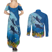 Polynesian Scuba Diving Couples Matching Summer Maxi Dress and Long Sleeve Button Shirt Beauty Corals with Underwater and Polynesian Pattern LT03 - Polynesian Pride